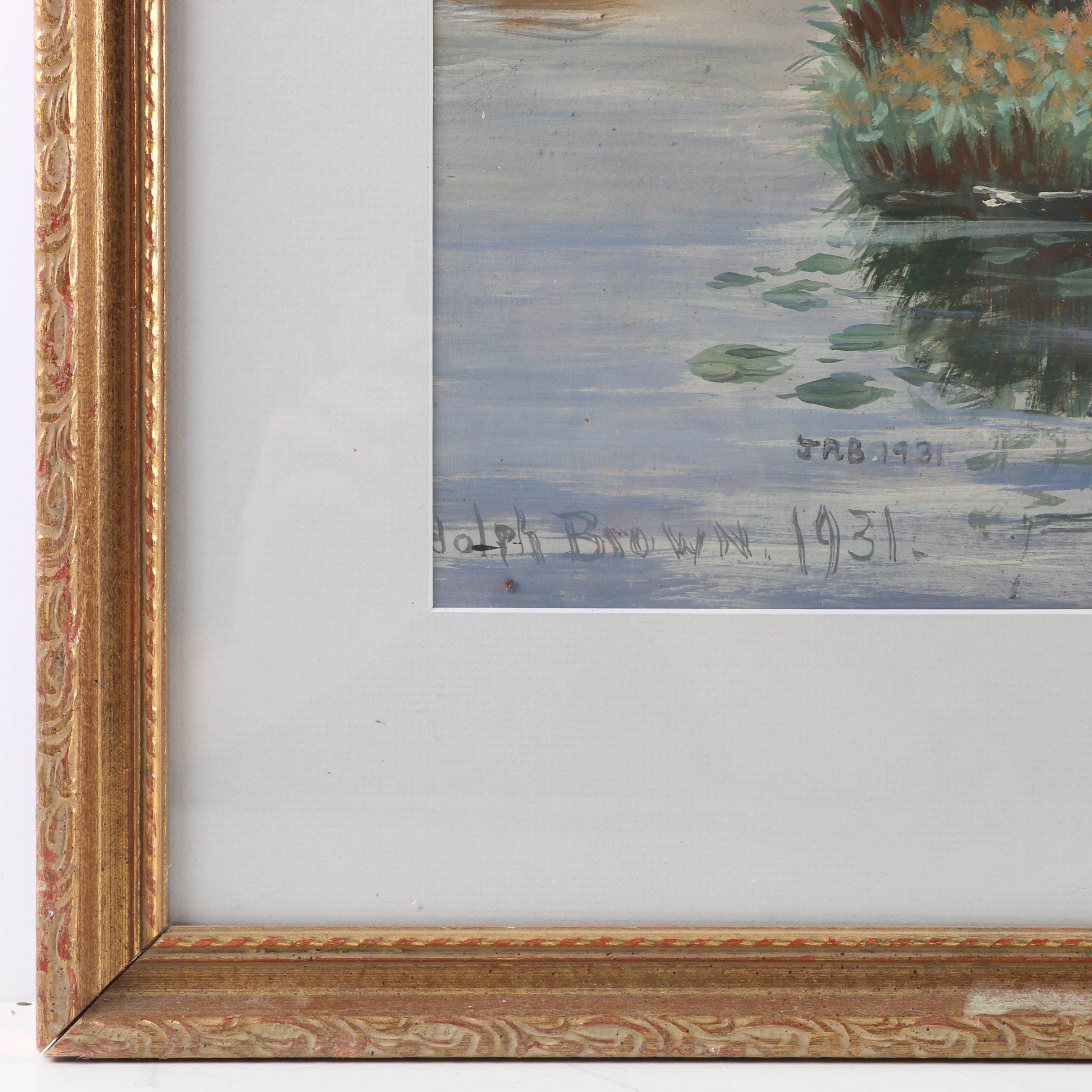 Joseph Randolph Brown Oil Painting on Paper Landscape with a Pond