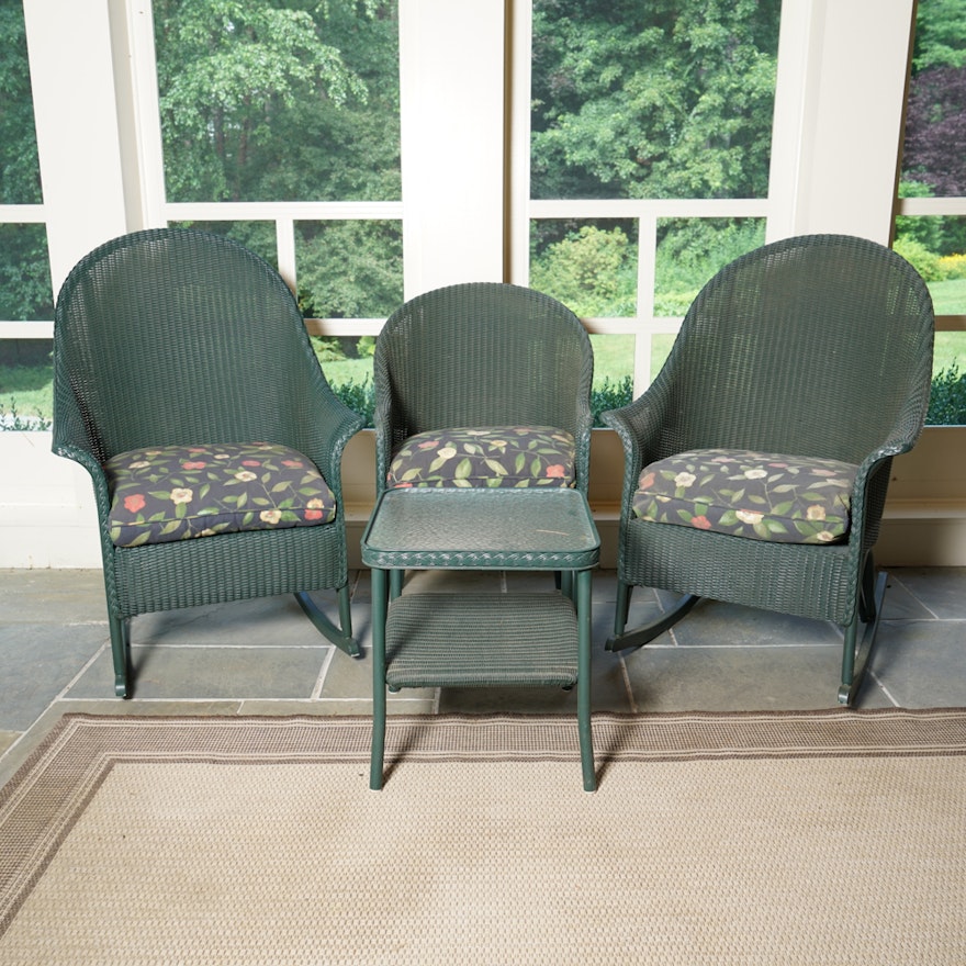 Green Wicker Patio Rocking Chairs and Arm Chair With Side Table