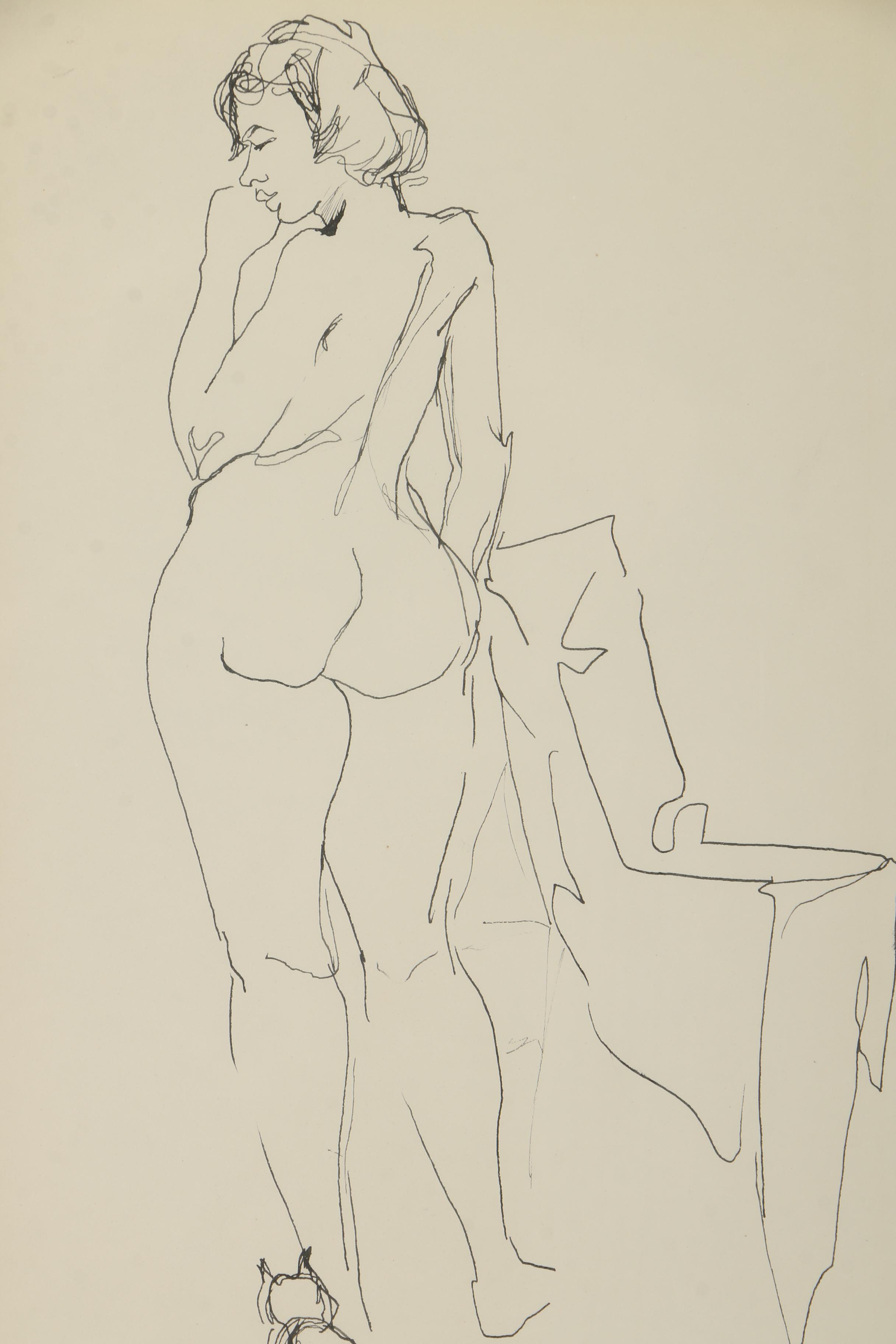 Romarin Ink Drawing of a Nude Female Figure With a Cat