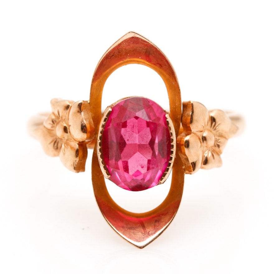 Russian 14K Yellow Gold Ruby Floral Ring