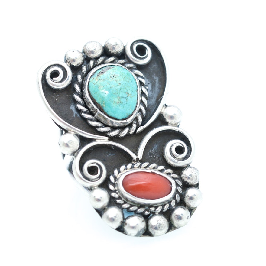 Native American Style Sterling Silver Turquoise and Coral Ring