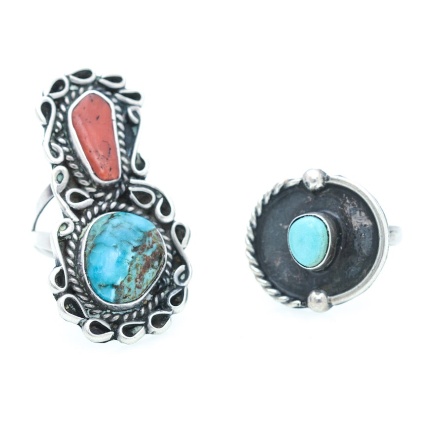 Vintage Native American Style Sterling Silver Turquoise Rings