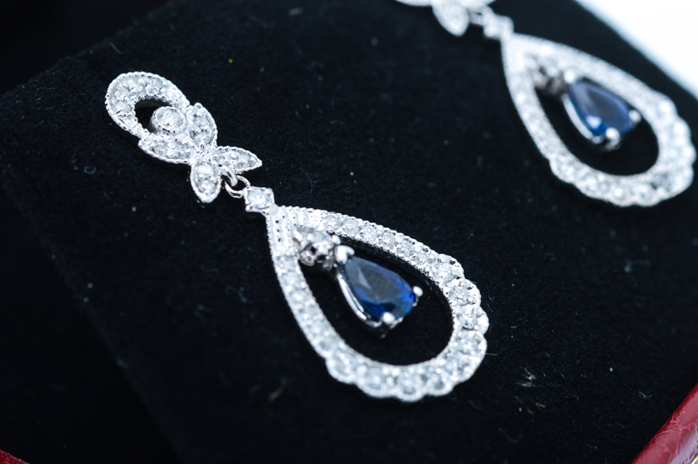 Michael C. Fina 14K White Gold Diamond and Sapphire Earrings