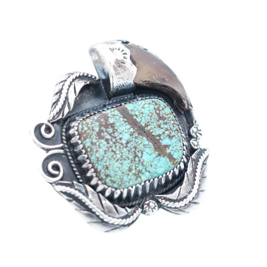 Vintage Signed Sterling Silver Turquoise and Black Bear Claw Ring