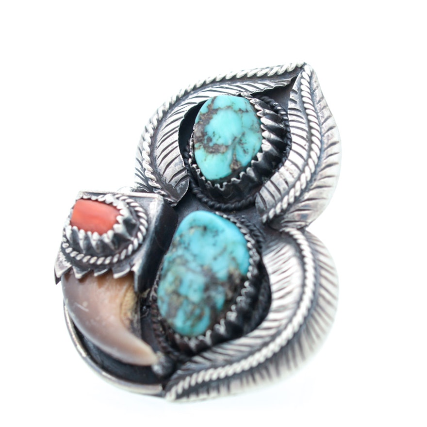 Vintage Sterling Silver Turquoise and Black Bear Claw Ring