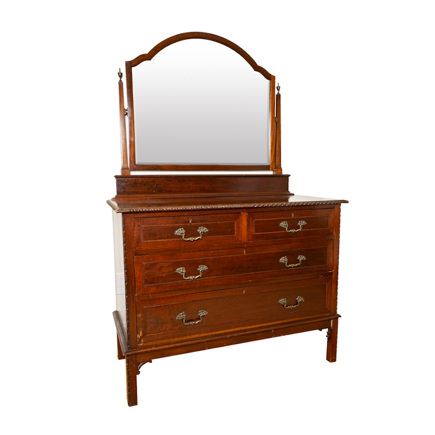 Vintage Two-Over-Two Mahogany and Tiger Maple Dresser with Mirror