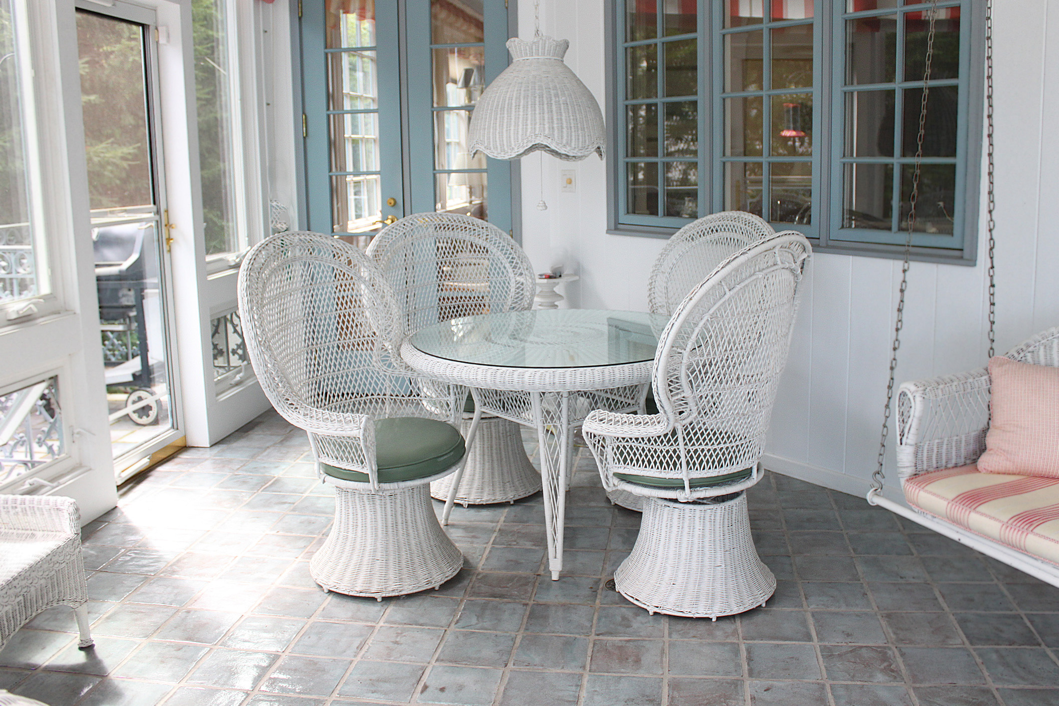 Vintage White Wicker Patio Chairs, Table, and Lantern
