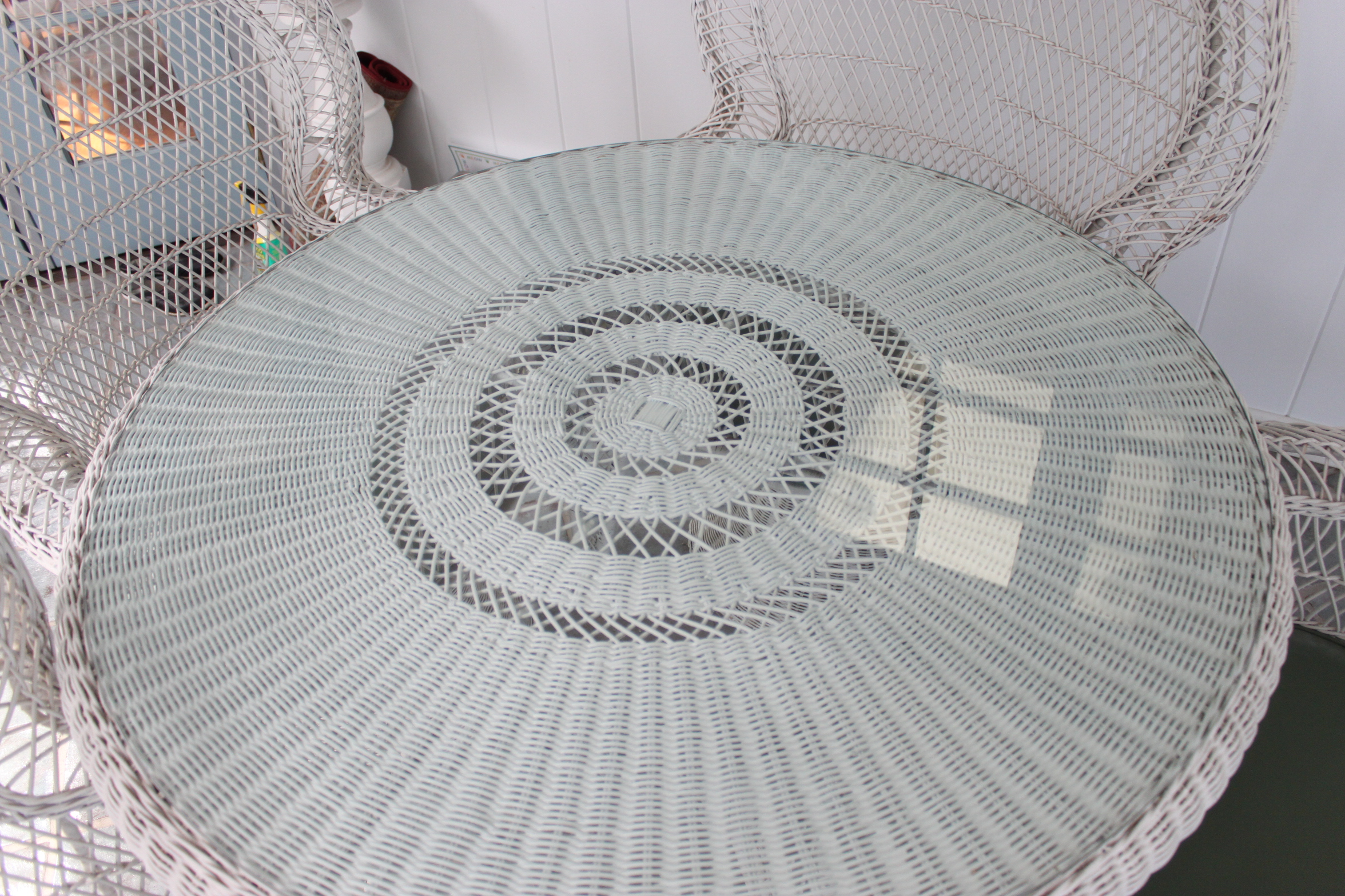 Vintage White Wicker Patio Chairs, Table, and Lantern