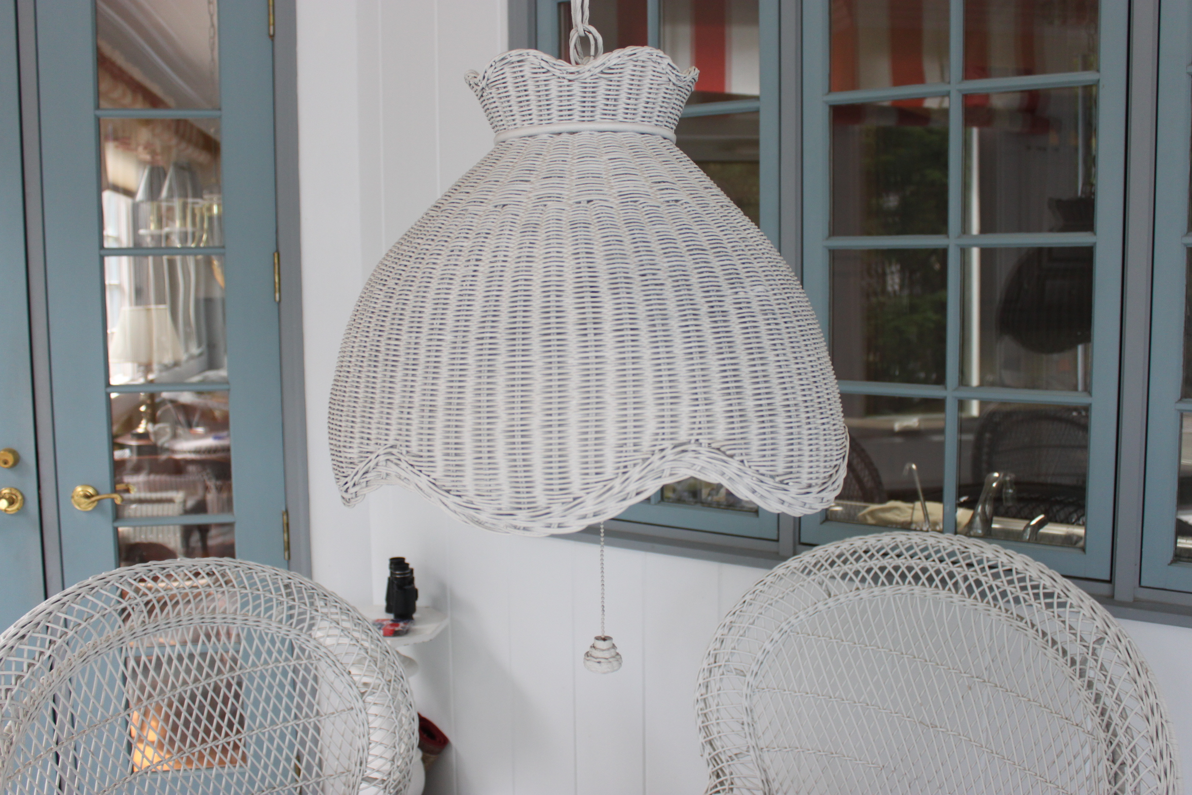 Vintage White Wicker Patio Chairs, Table, and Lantern