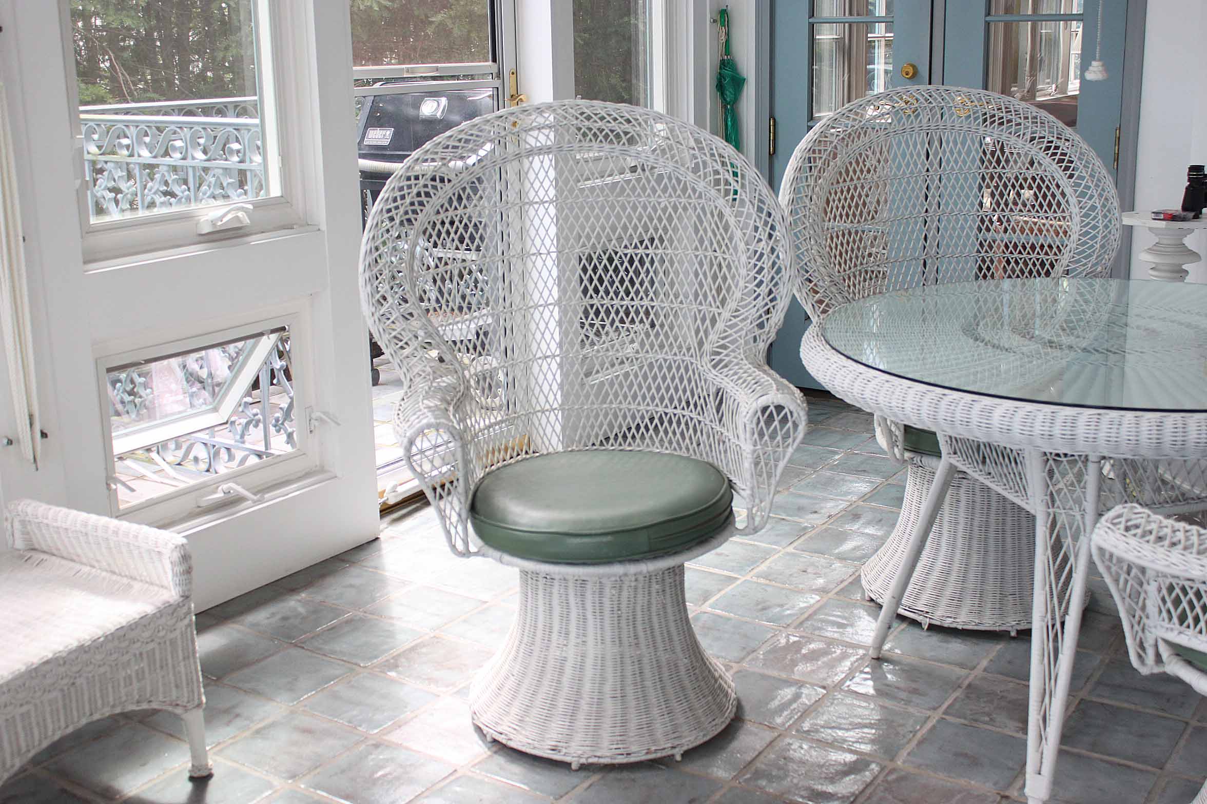 Vintage White Wicker Patio Chairs, Table, and Lantern