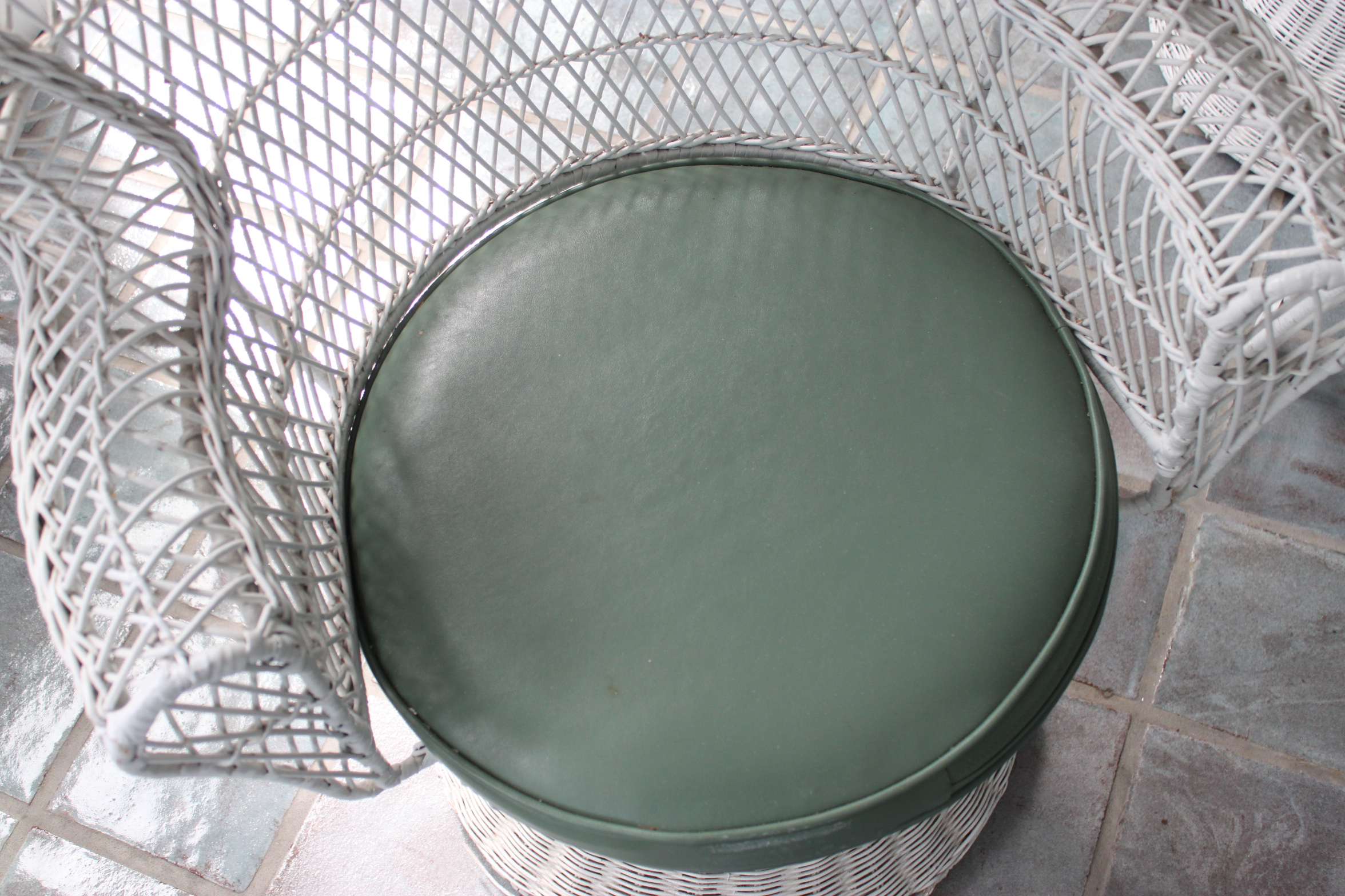 Vintage White Wicker Patio Chairs, Table, and Lantern