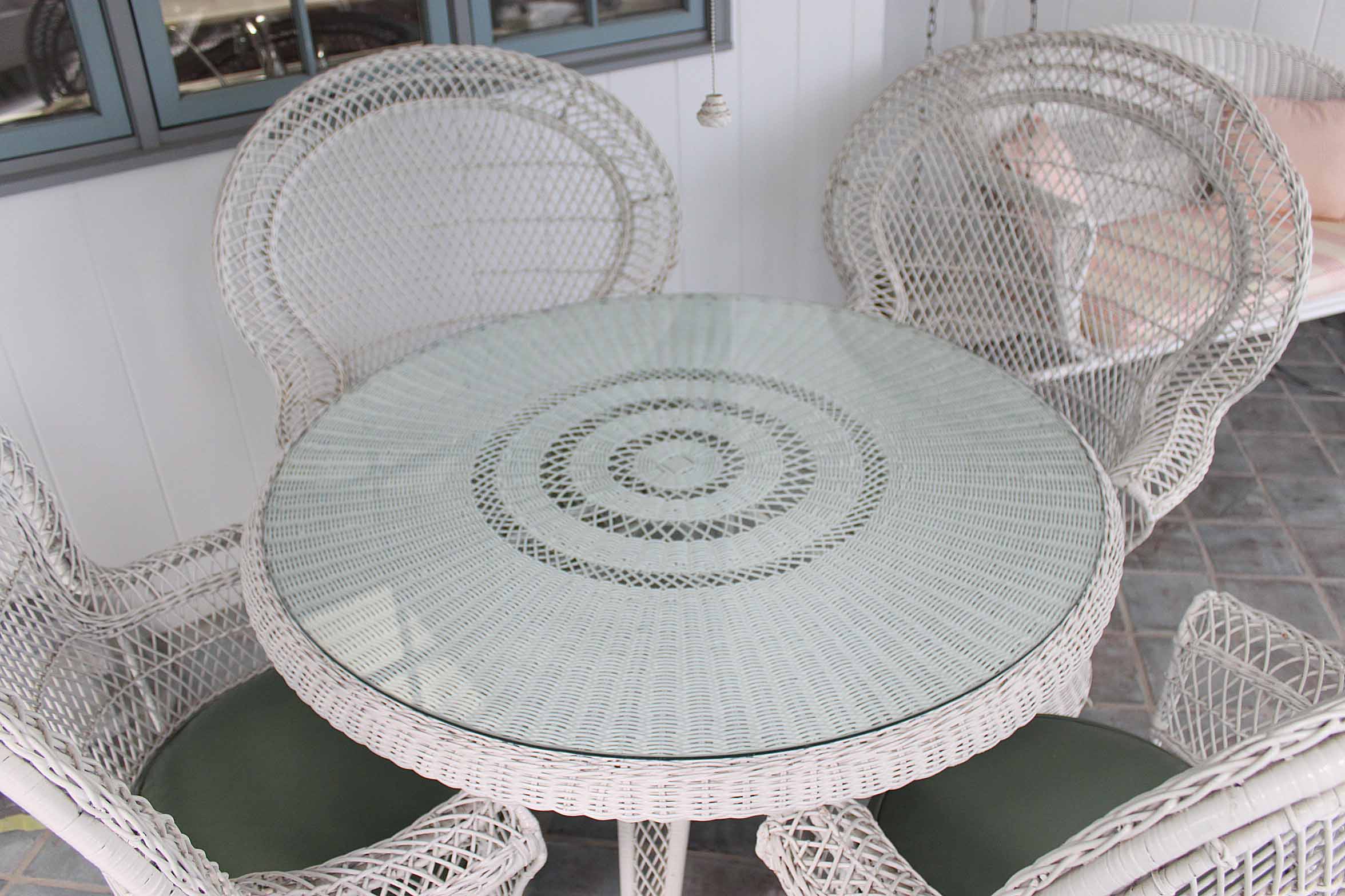 Vintage White Wicker Patio Chairs, Table, and Lantern