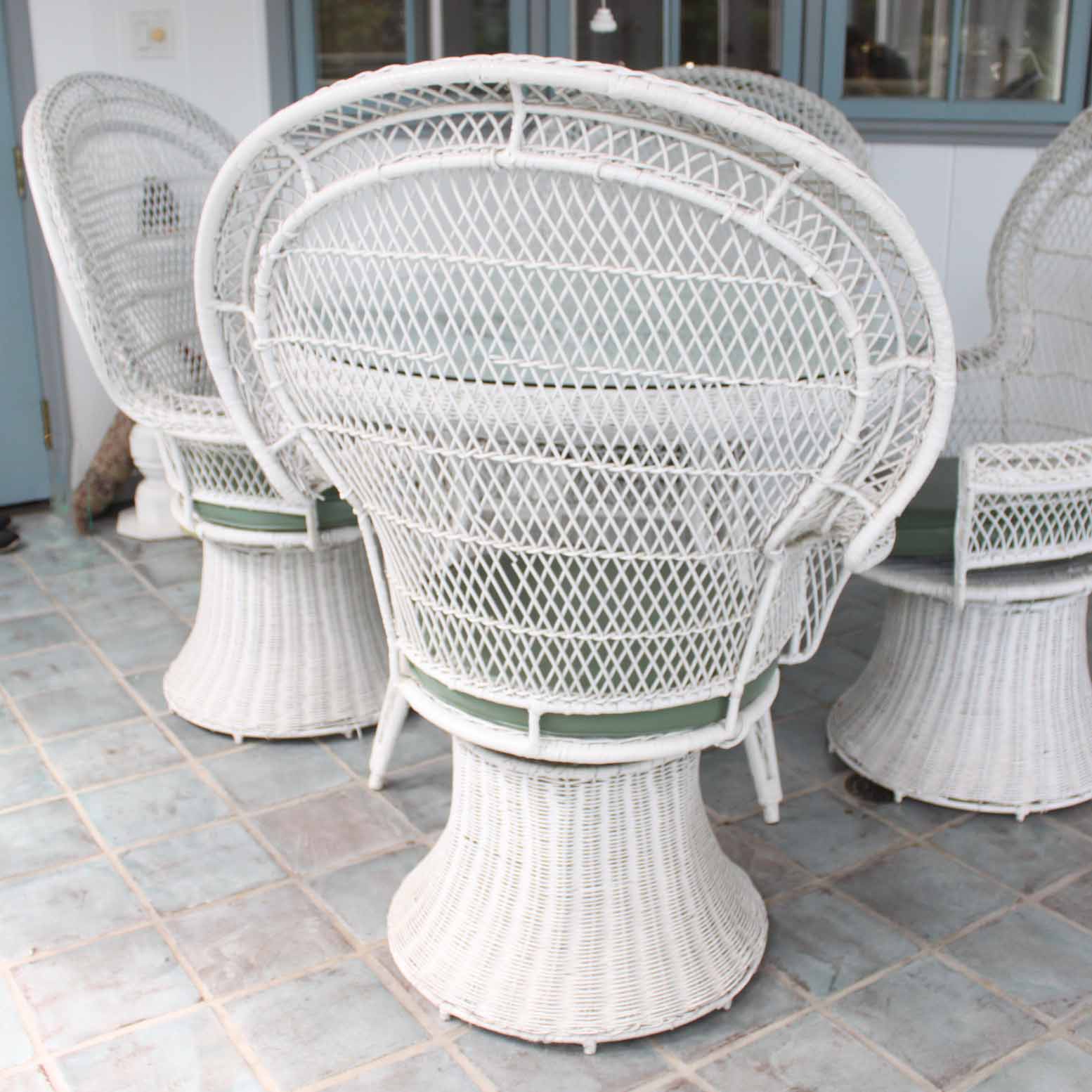 Vintage White Wicker Patio Chairs, Table, and Lantern