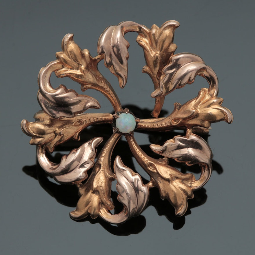 Art Nouveau 14K Two Tone Gold Opal Openwork Foliate Brooch