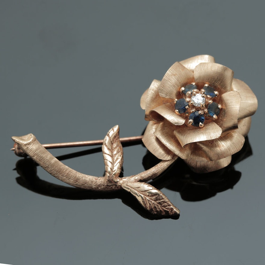 14K Yellow Gold Sapphire and Diamond Flower Brooch