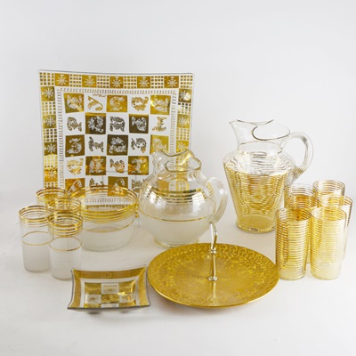 Mid-Century Modern Gold Striped Drinkware and Serveware Collection