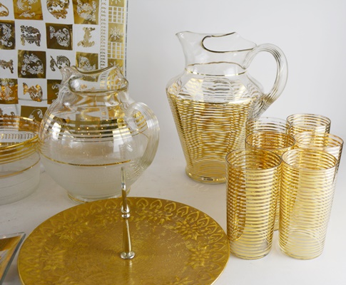 Mid-Century Modern Gold Striped Drinkware and Serveware Collection