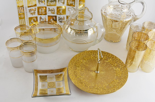 Mid-Century Modern Gold Striped Drinkware and Serveware Collection