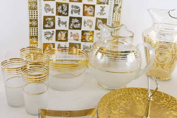 Mid-Century Modern Gold Striped Drinkware and Serveware Collection