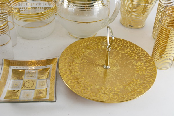 Mid-Century Modern Gold Striped Drinkware and Serveware Collection