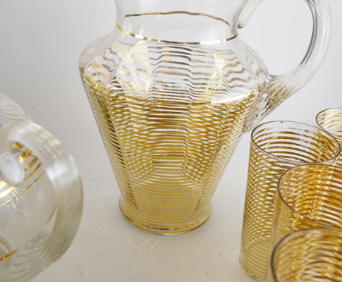 Mid-Century Modern Gold Striped Drinkware and Serveware Collection