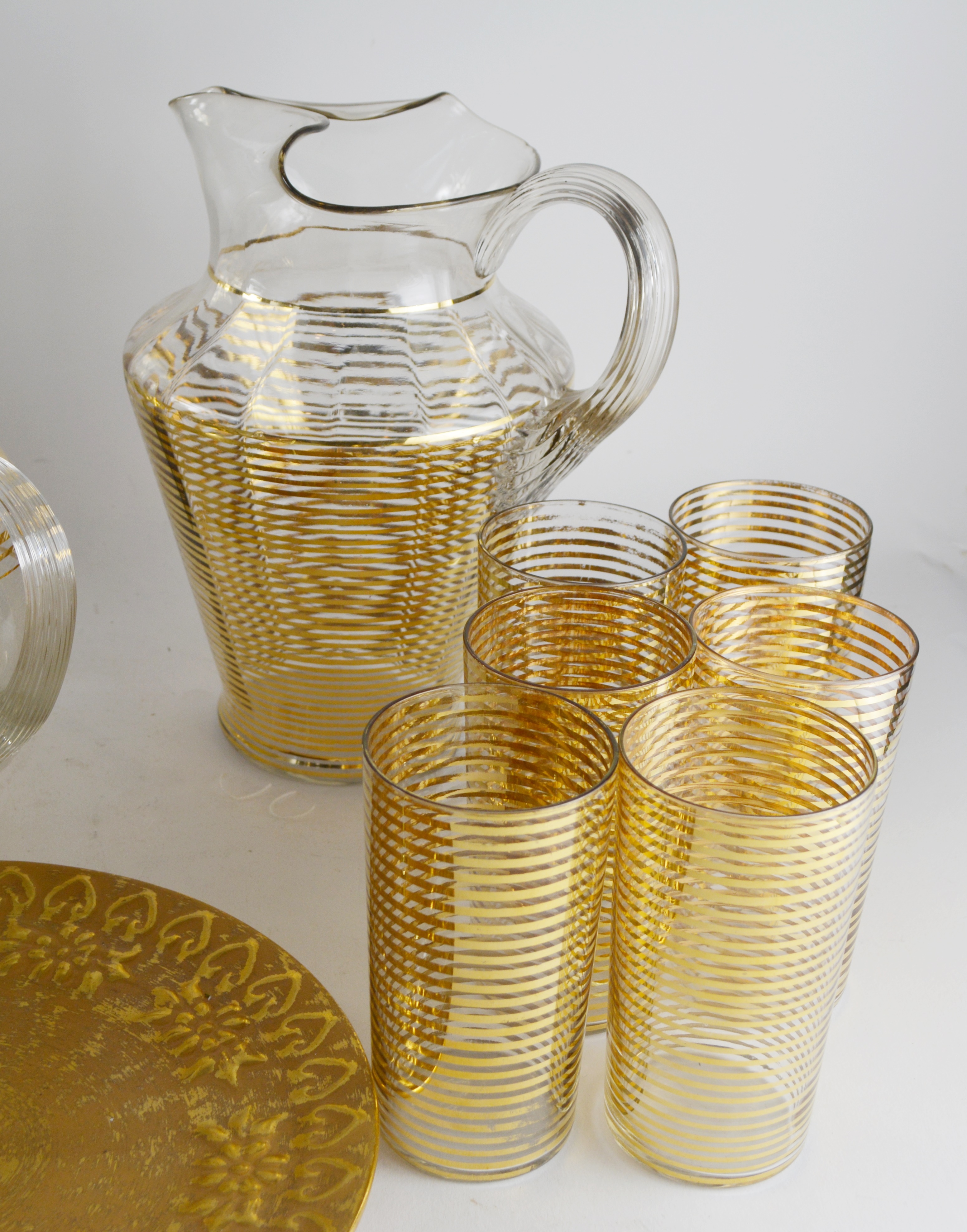 Mid-Century Modern Gold Striped Drinkware and Serveware Collection