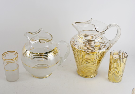 Mid-Century Modern Gold Striped Drinkware and Serveware Collection