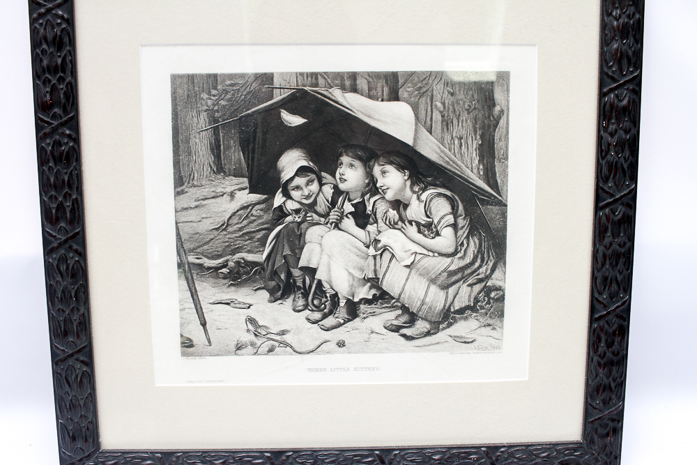 After Joseph Clark Intaglio Print "Three Little Kittens"