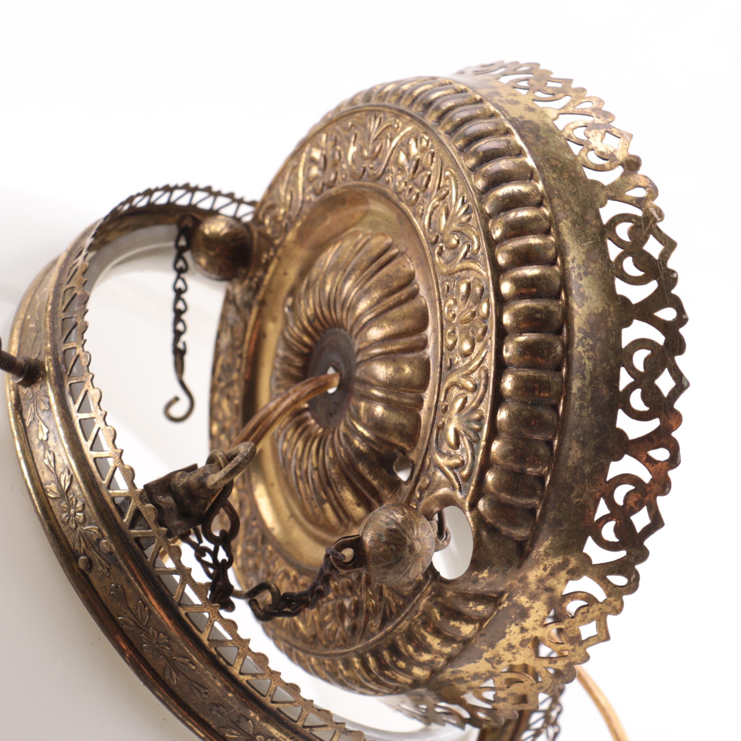 Converted Antique Brass Hanging Oil Lamp With Milk Glass Shade