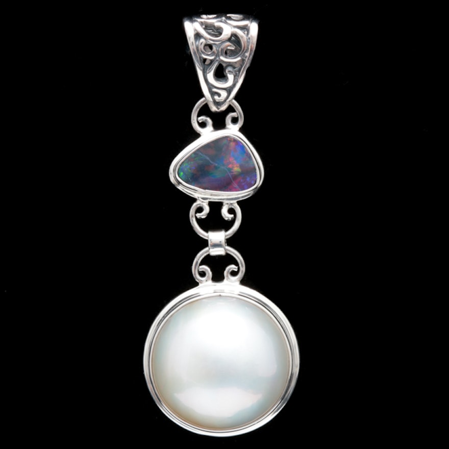 Sterling Silver, Mabé  Pearl and Opal Doublet Pendant