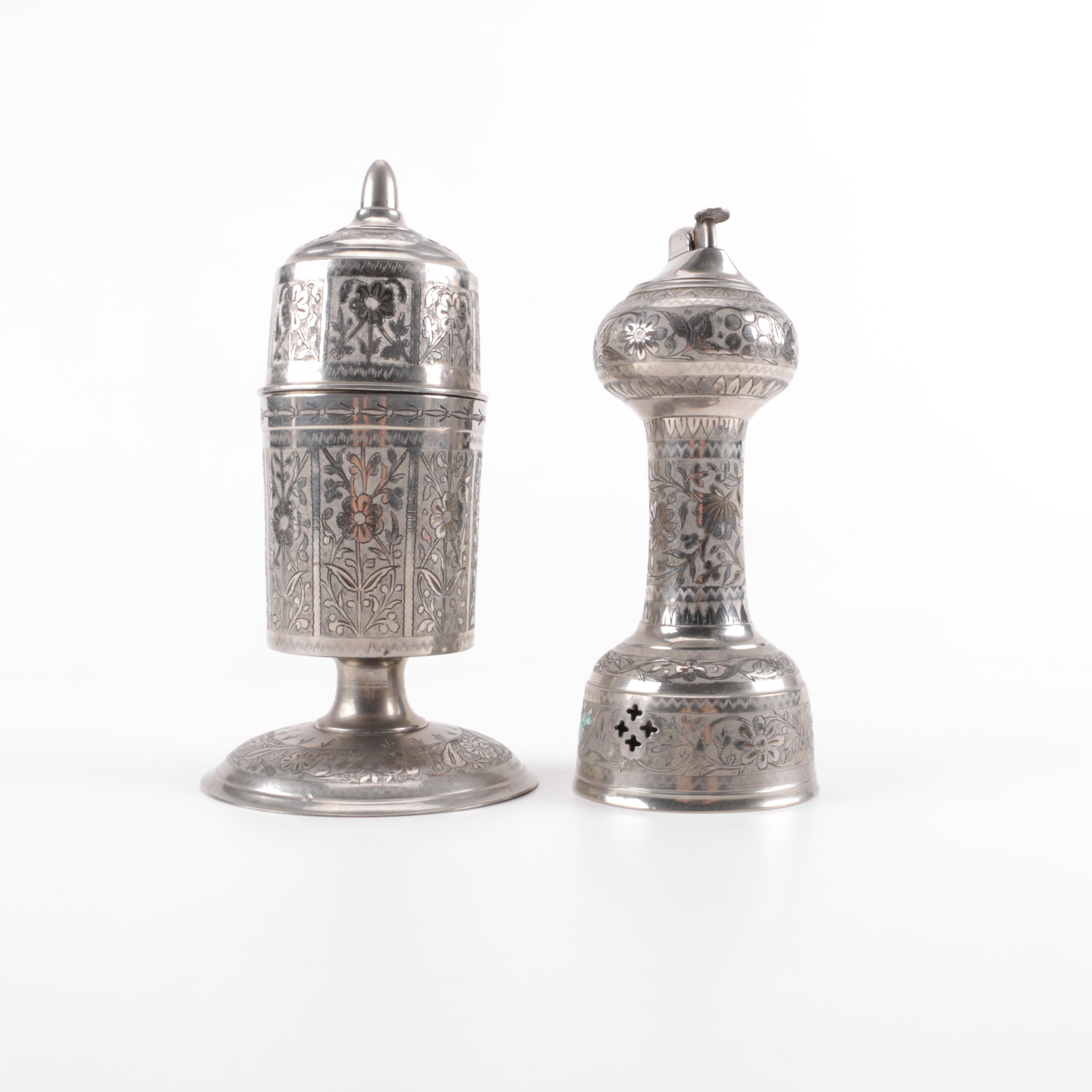 Etched Metal Table Lighter and Cigarette Holder with Musical Aspects