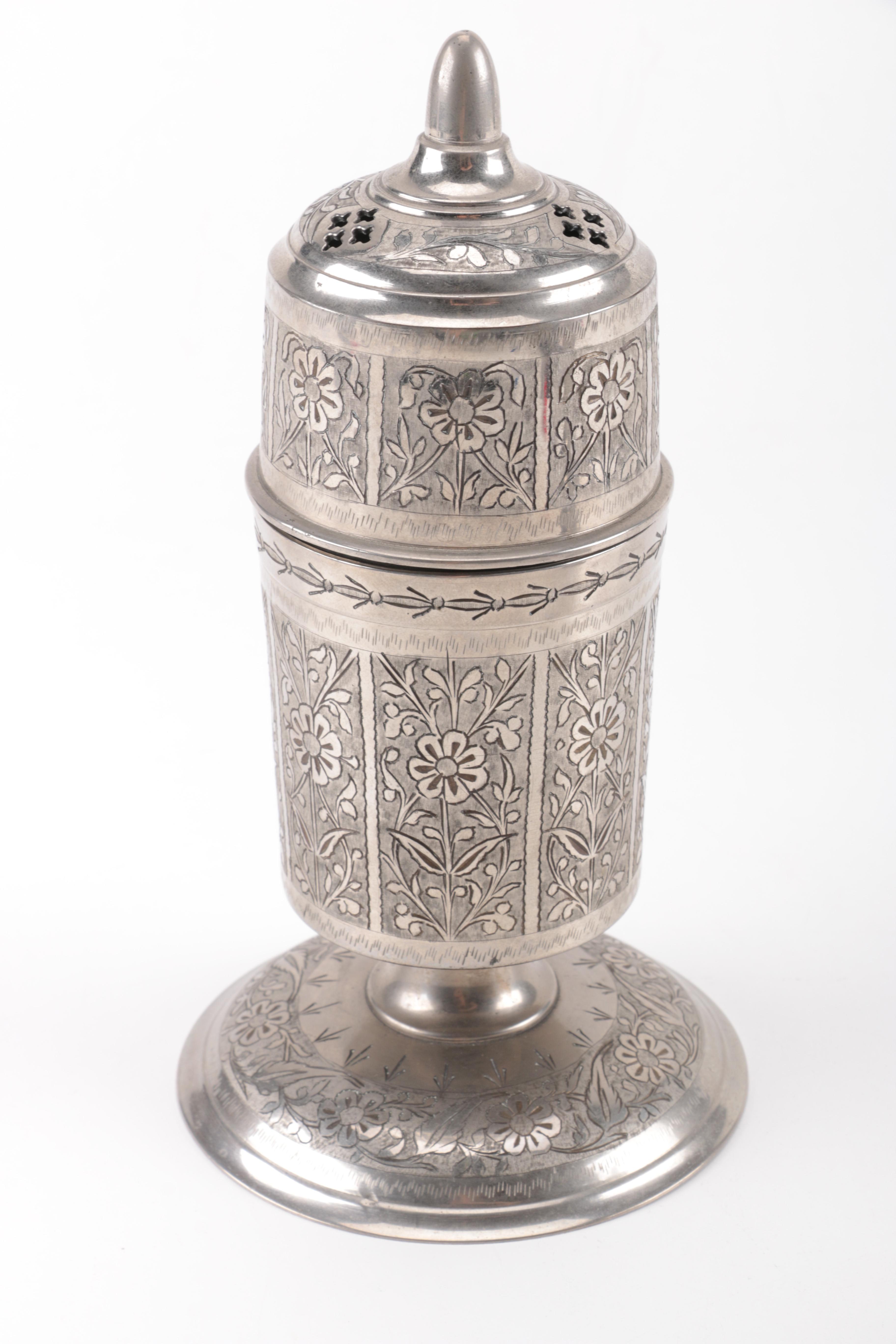 Etched Metal Table Lighter and Cigarette Holder with Musical Aspects