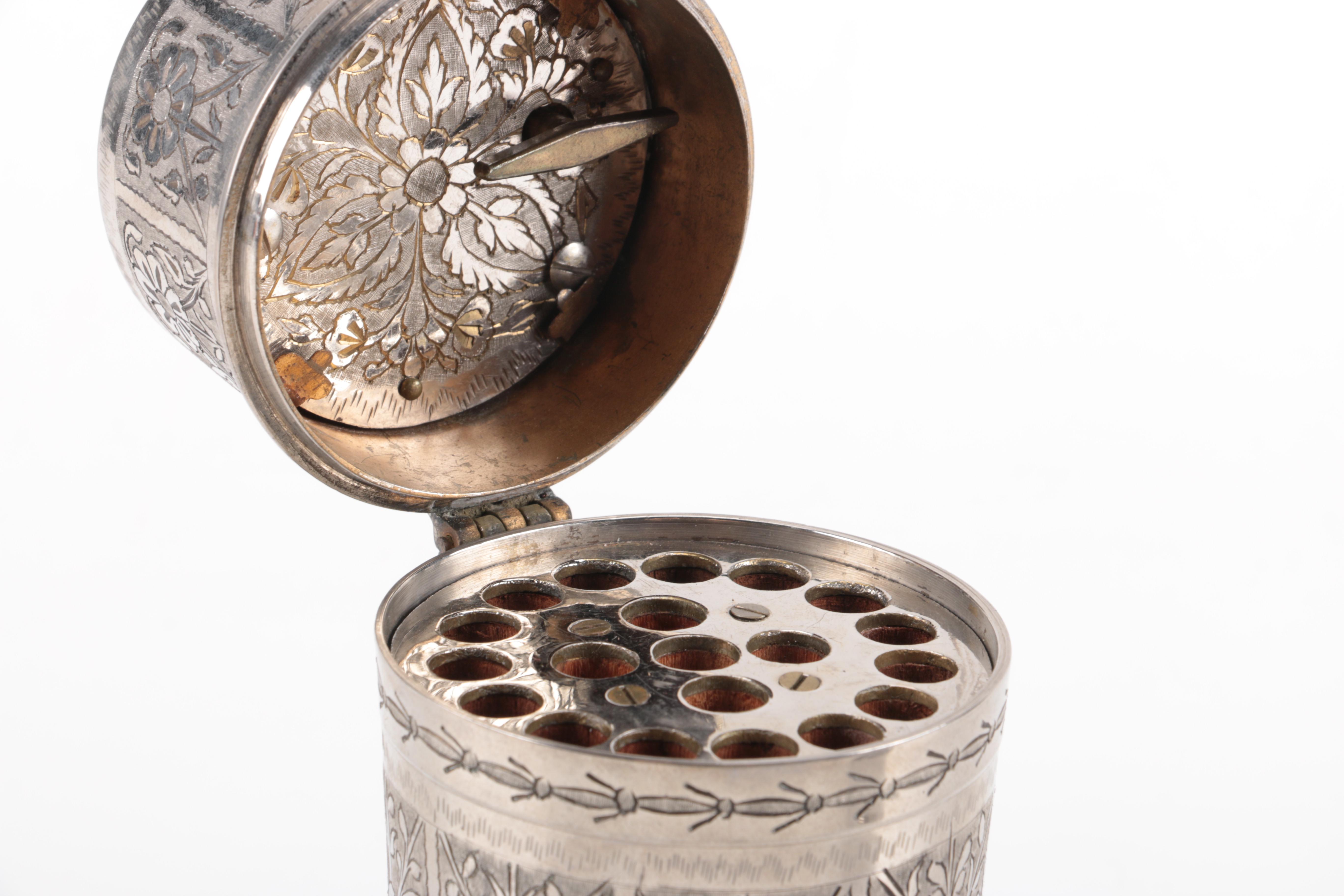 Etched Metal Table Lighter and Cigarette Holder with Musical Aspects