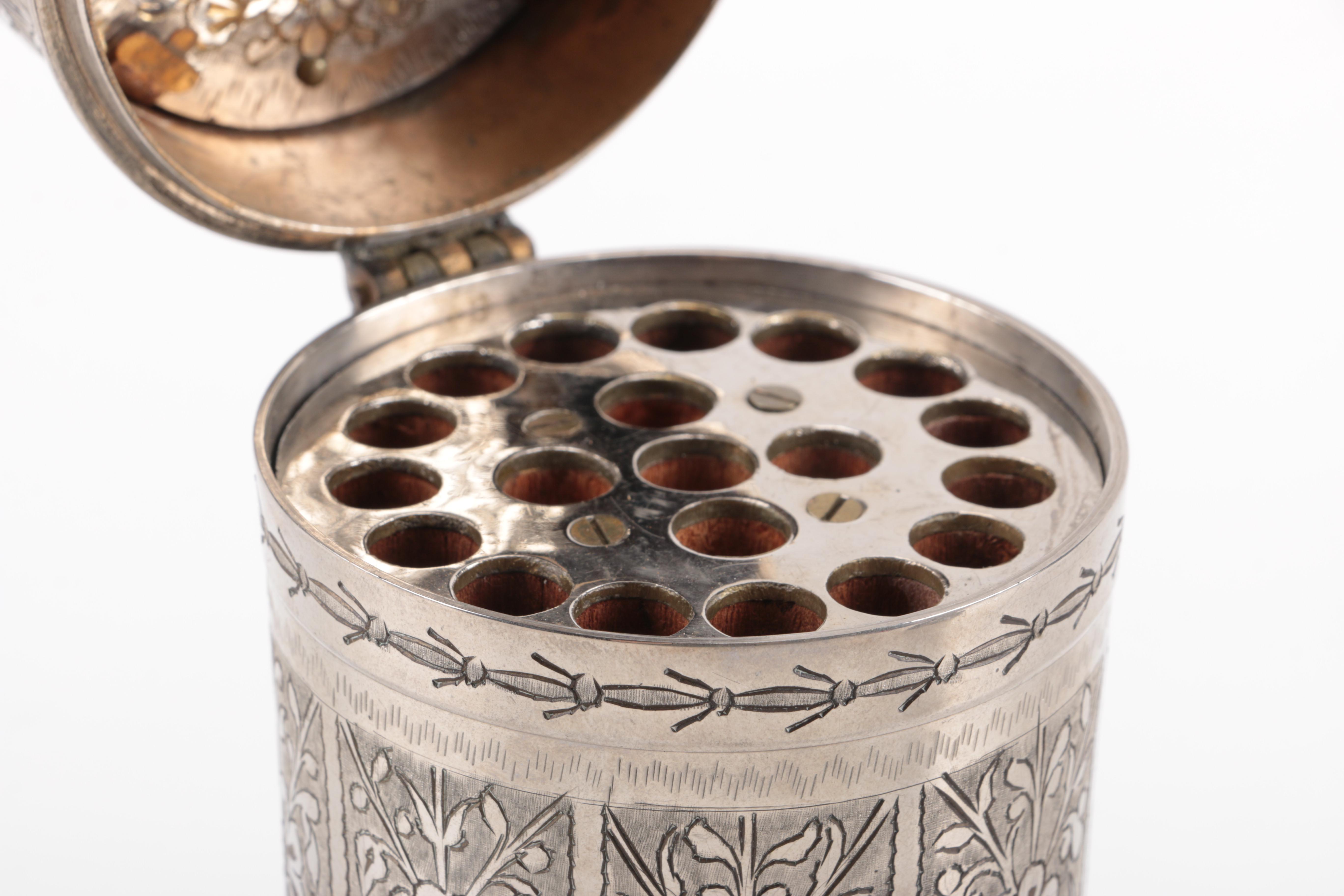 Etched Metal Table Lighter and Cigarette Holder with Musical Aspects