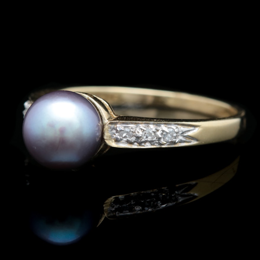 14K Yellow Gold, Pearl and Diamond Ring