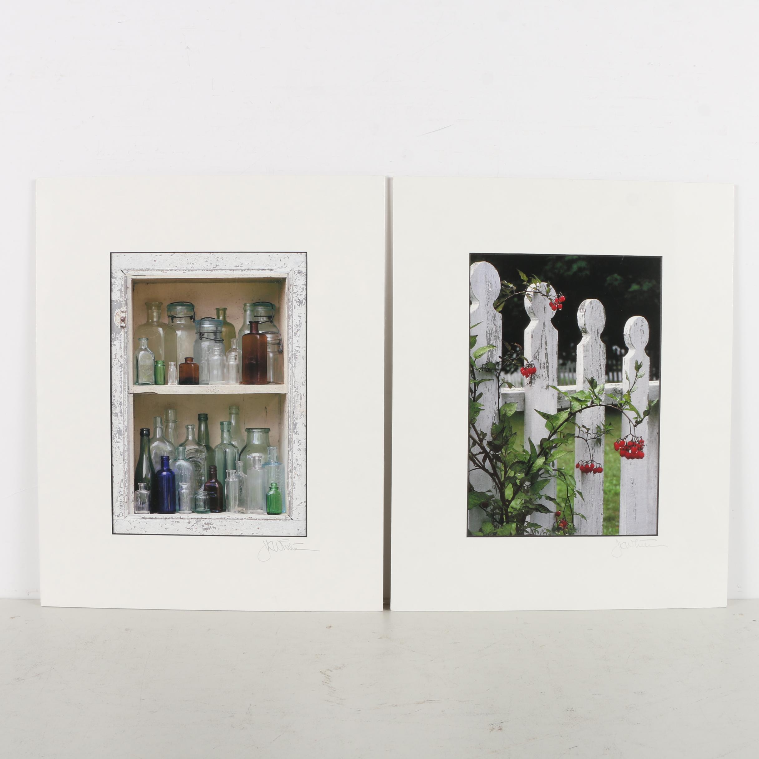 J. Kevin White Digital Photographic Prints on Paper of Bottles on a Shelf and a White Fence With a Berry Bush