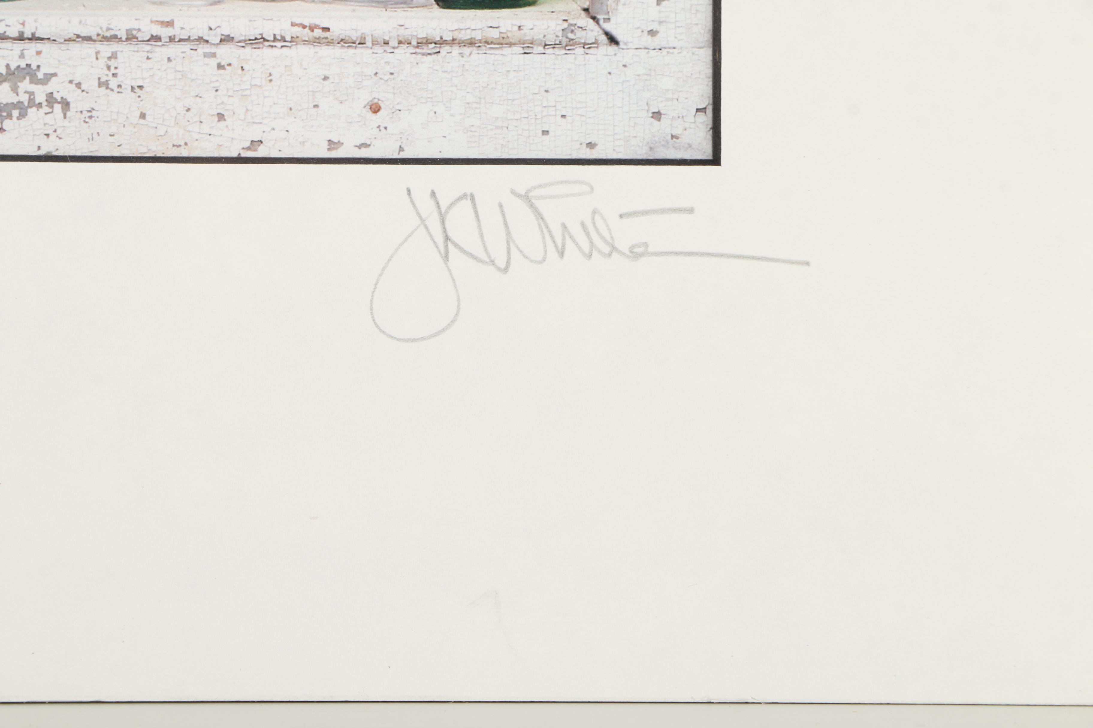 J. Kevin White Digital Photographic Prints on Paper of Bottles on a Shelf and a White Fence With a Berry Bush