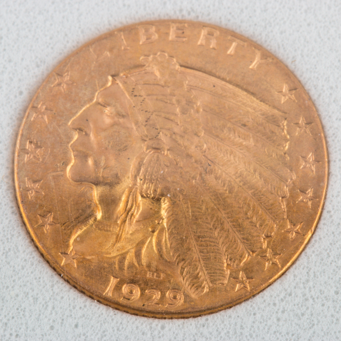 1929 Gold Indian $2 1/2 Dollar Coin
