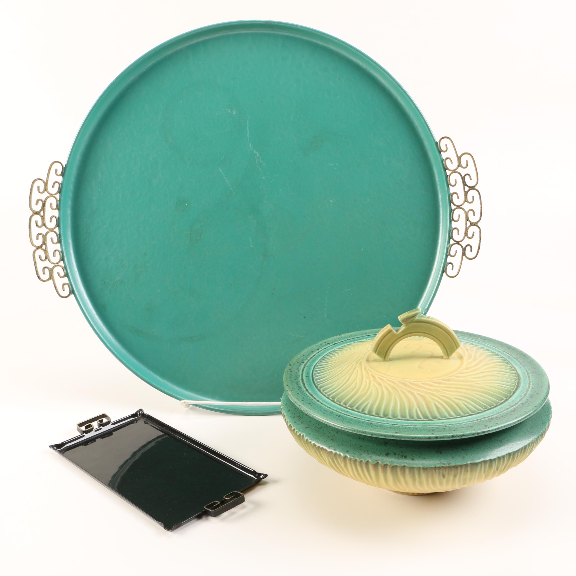 Moire Glaze Enamel Serving Trays and Stoneware Artisan Bowl