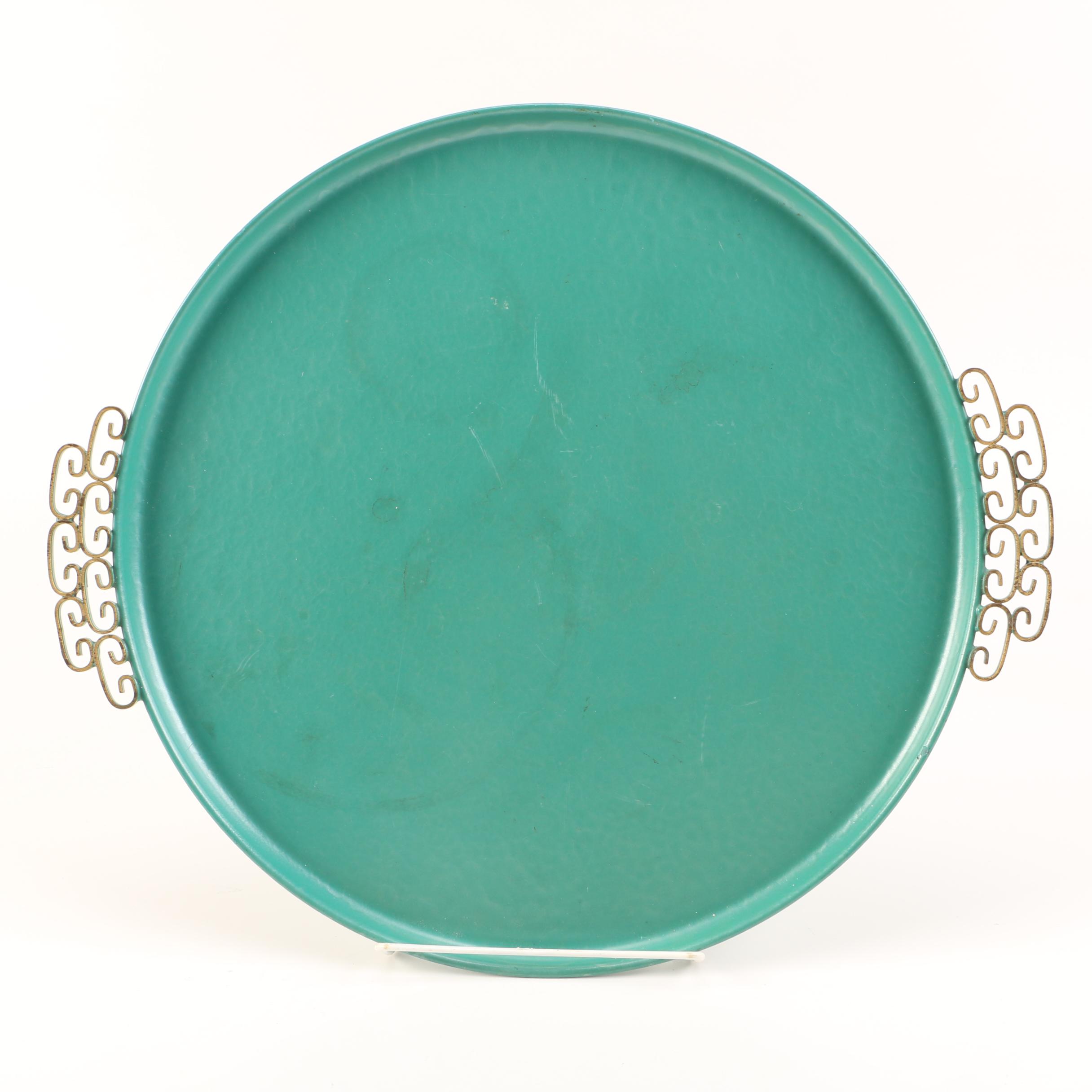 Moire Glaze Enamel Serving Trays and Stoneware Artisan Bowl