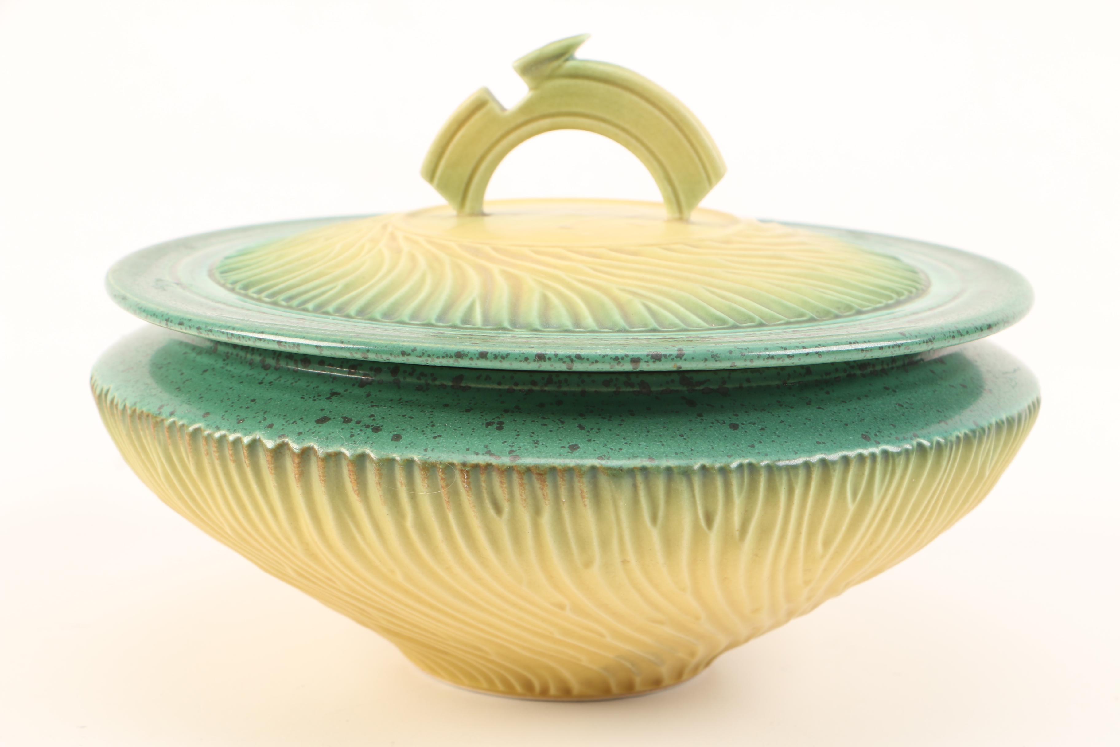 Moire Glaze Enamel Serving Trays and Stoneware Artisan Bowl