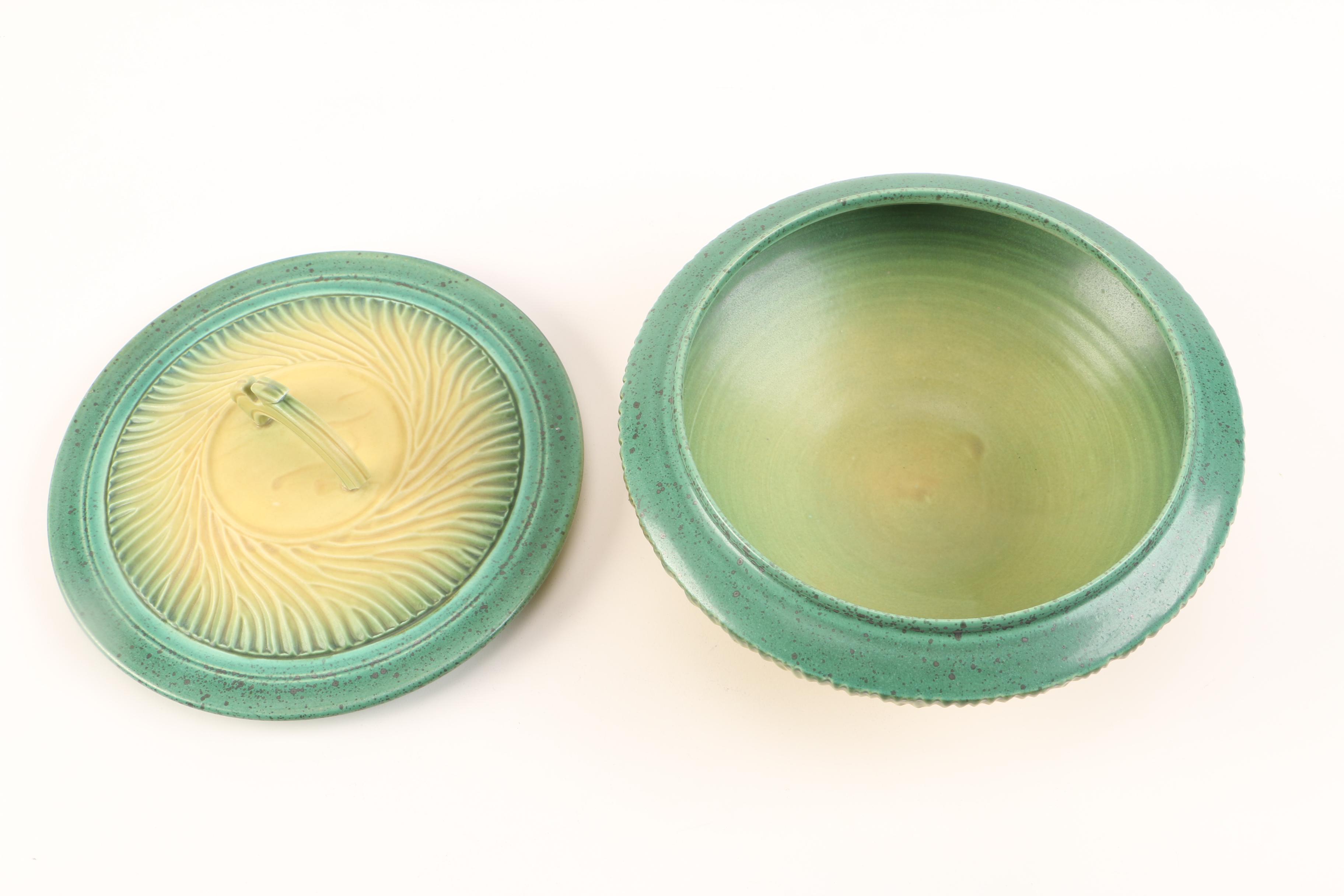 Moire Glaze Enamel Serving Trays and Stoneware Artisan Bowl