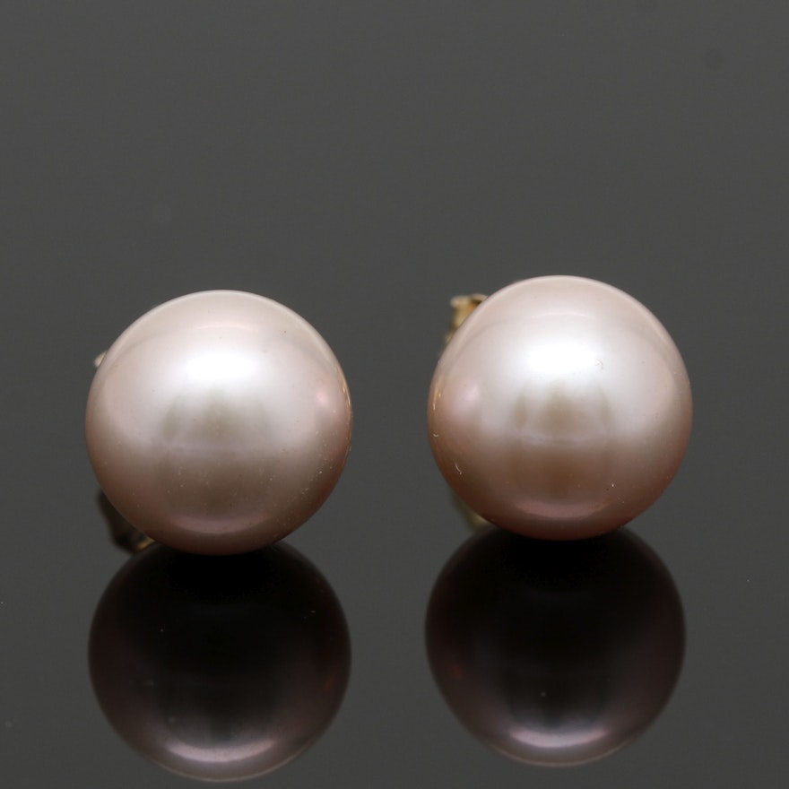 14K Yellow Gold Pink Cultured Pearl Stud Earrings