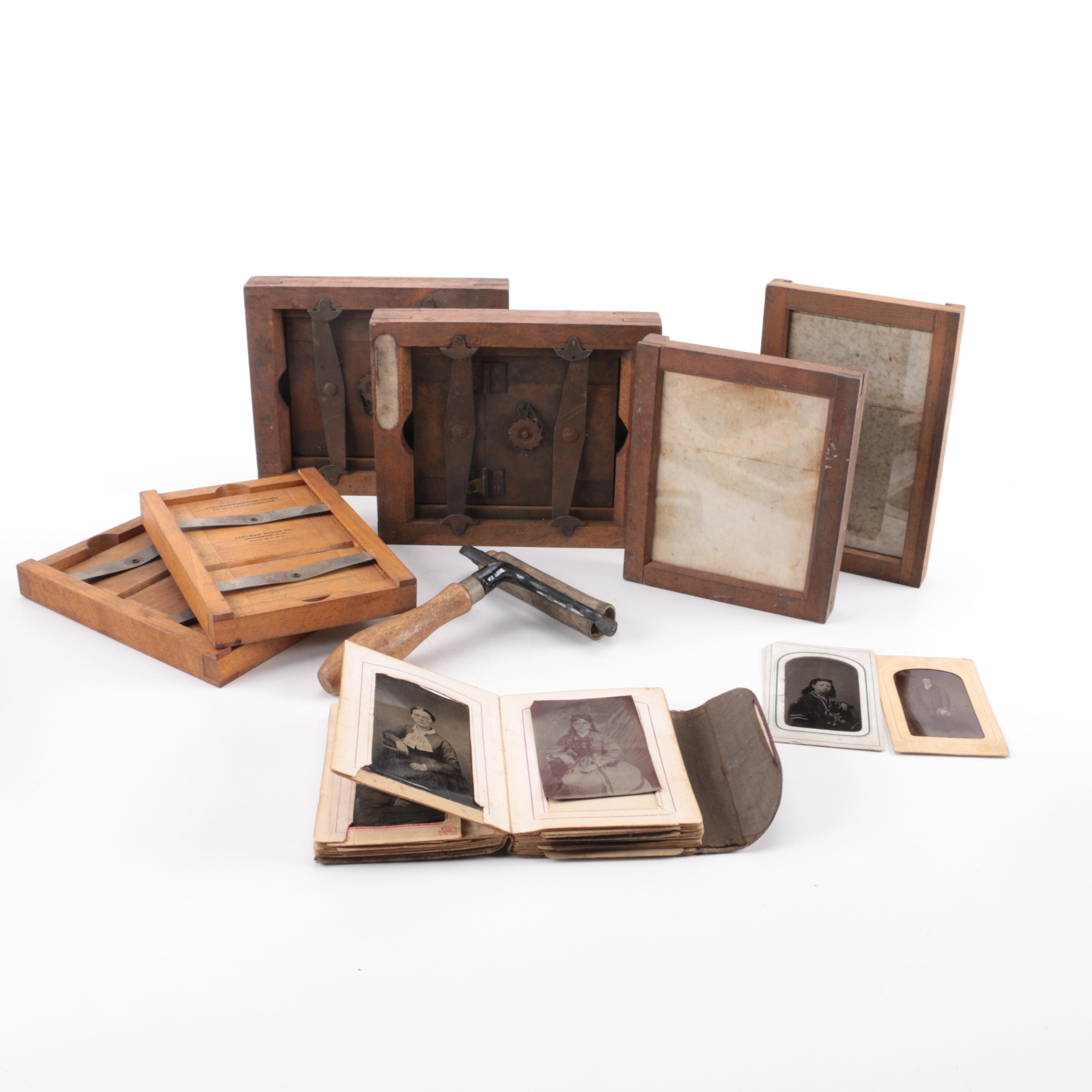Collection of Antique Photographs and Wooden Printing Frames