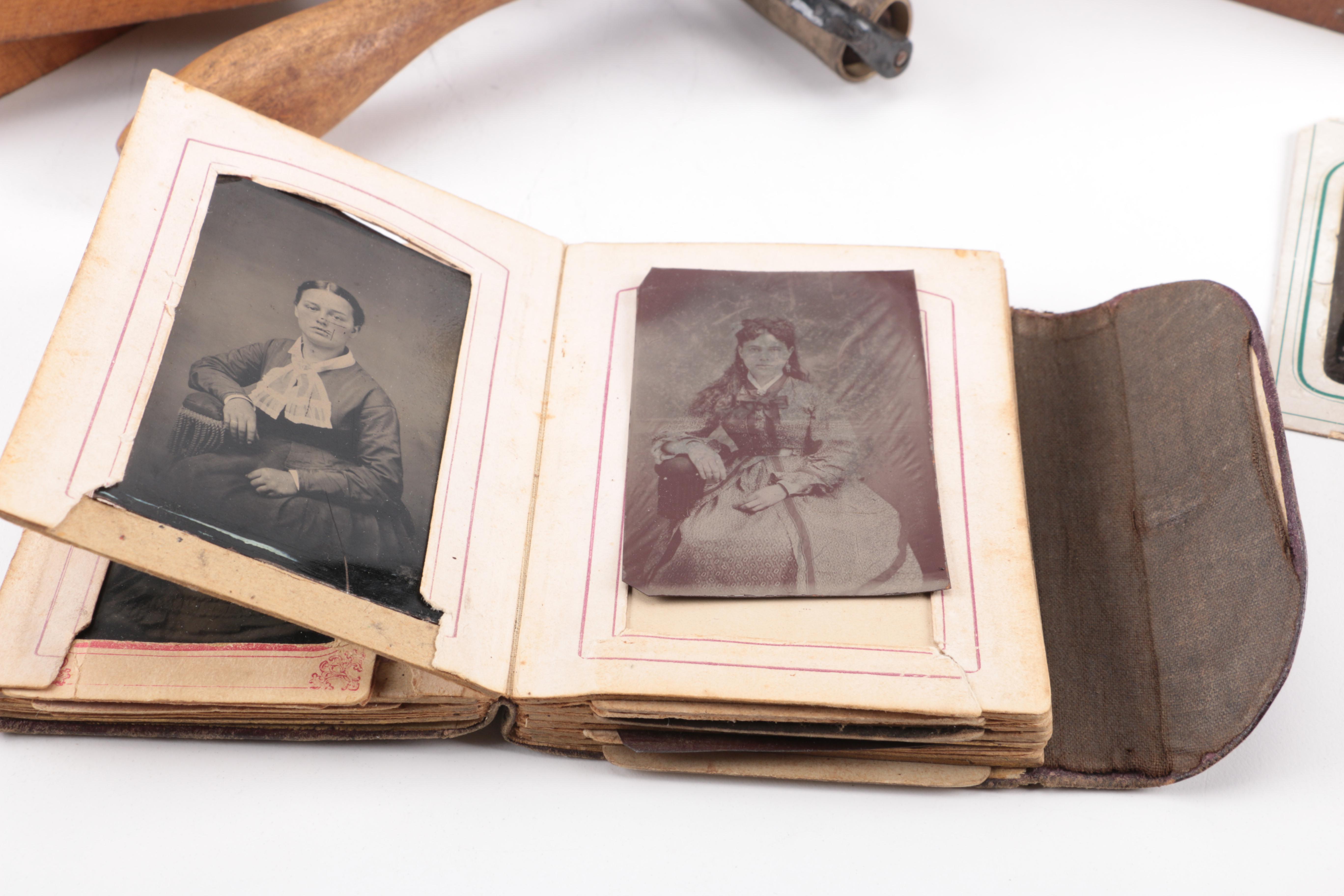 Collection of Antique Photographs and Wooden Printing Frames
