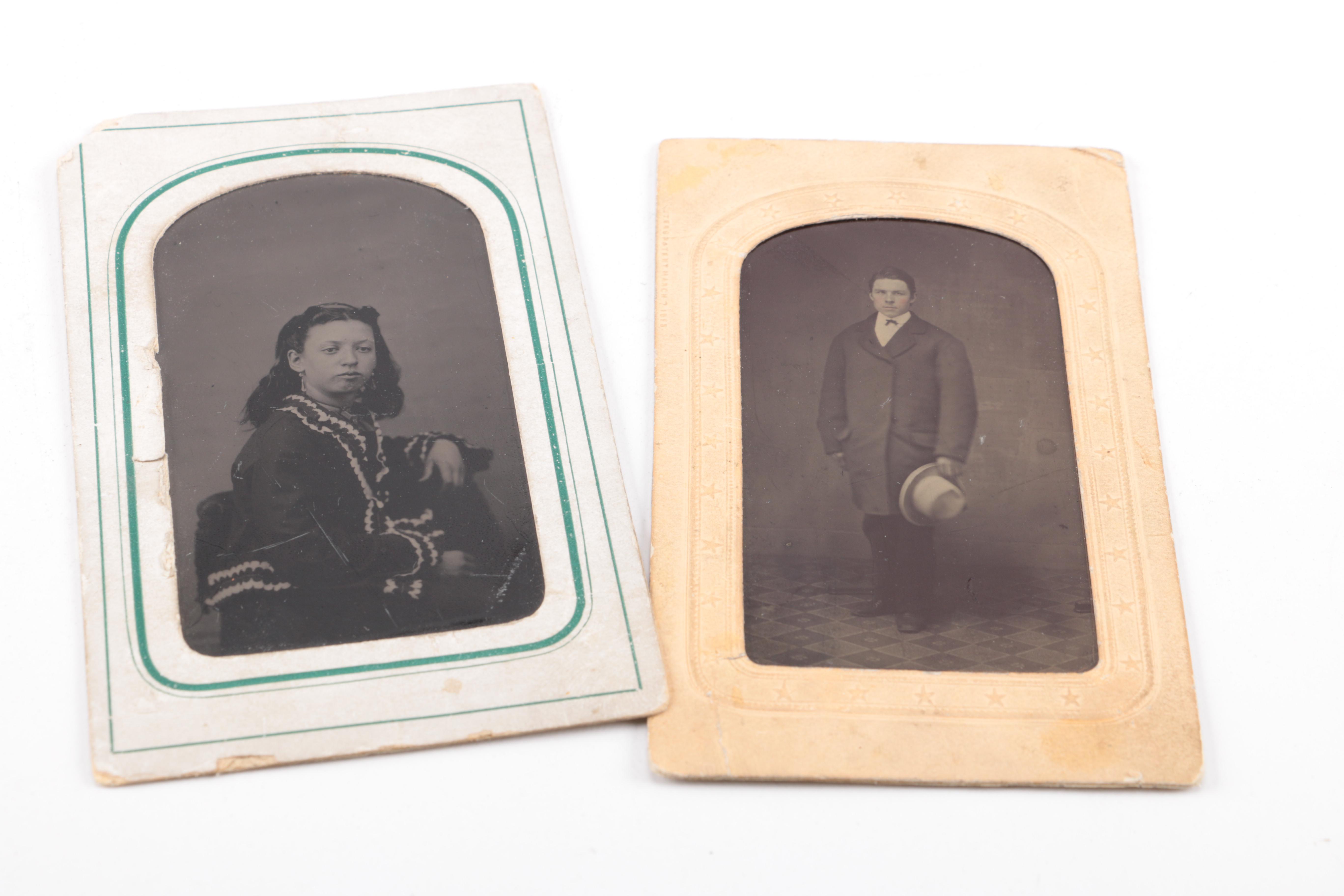 Collection of Antique Photographs and Wooden Printing Frames