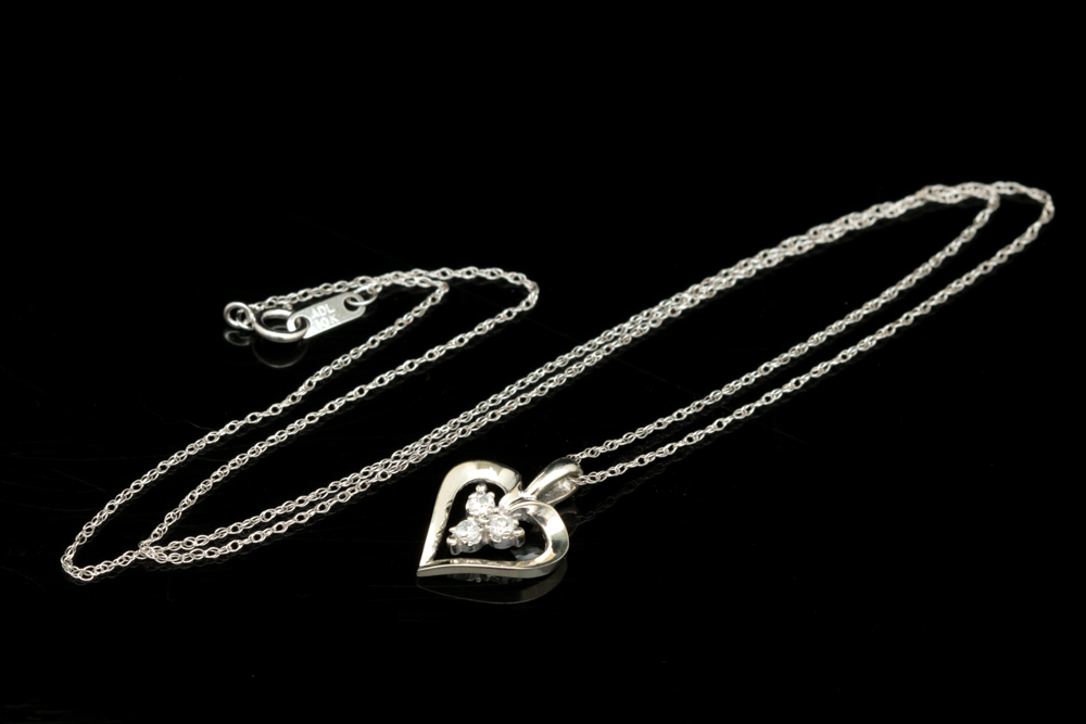 10K White Gold and Diamond Heart Pendant with Chain