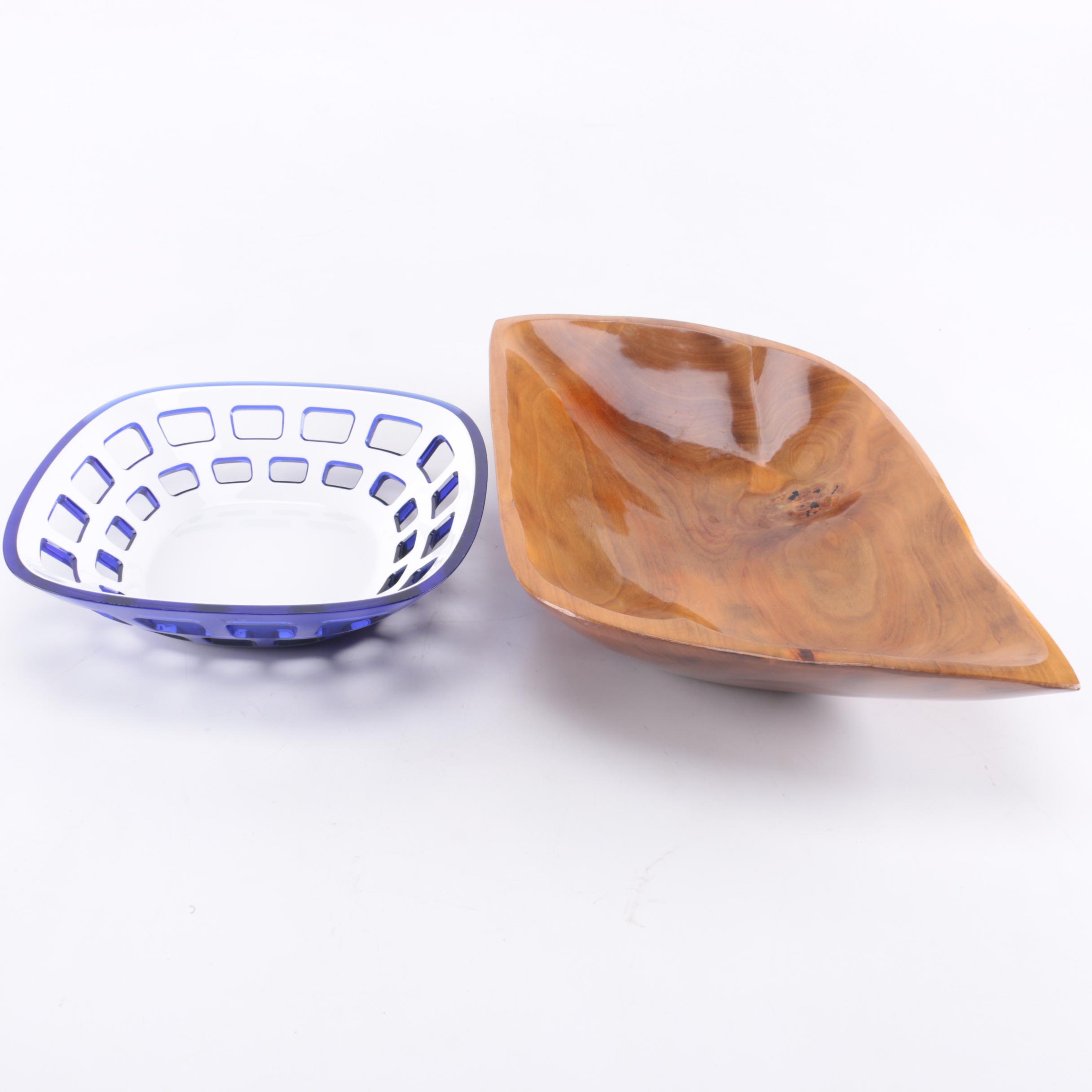 Guzzini Lucite Bread Basket and Wooden Dough Bowl Trencher