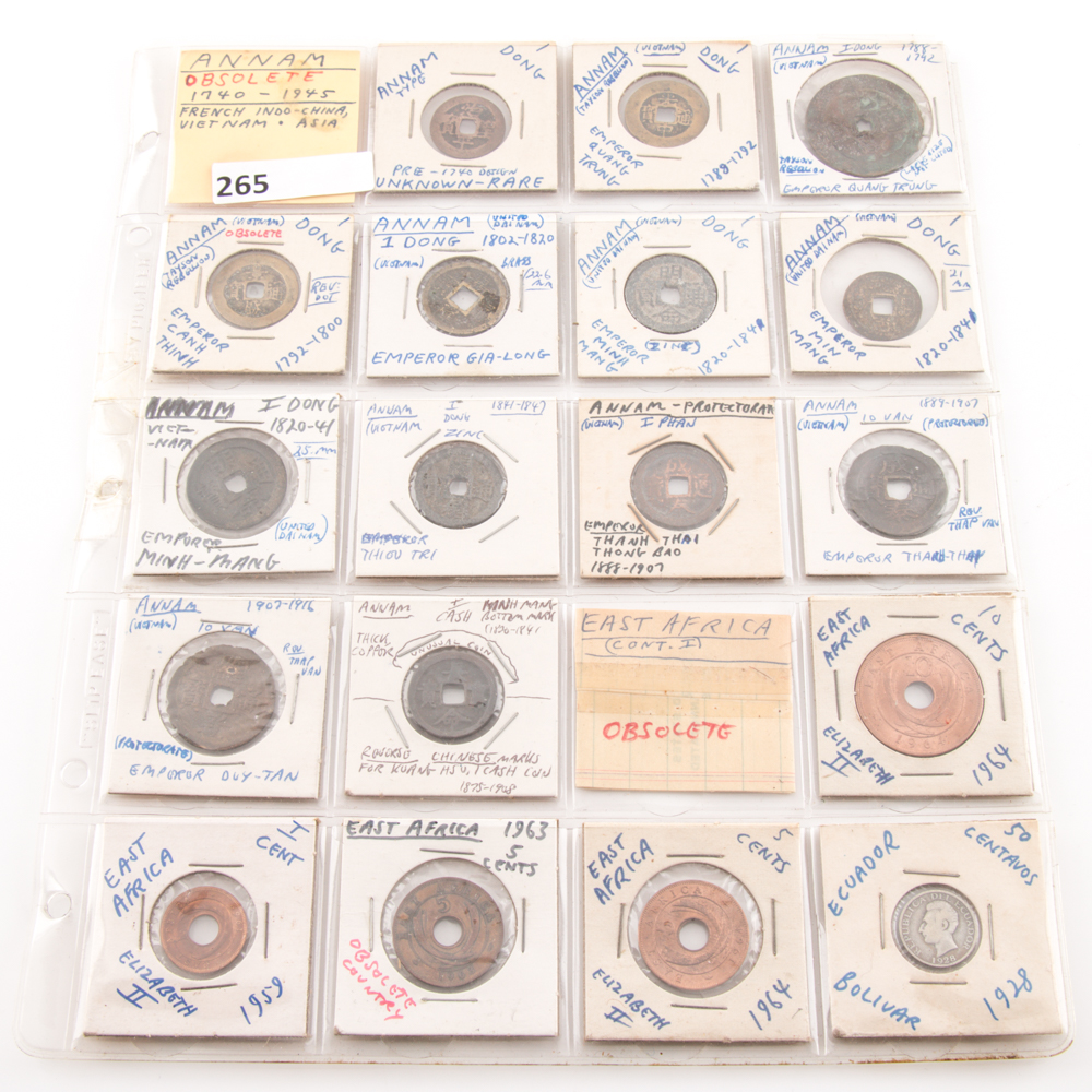 Group of (18) Assorted Obsolete Coins From Annam (Vietnam), East Africa, and Ecuador
