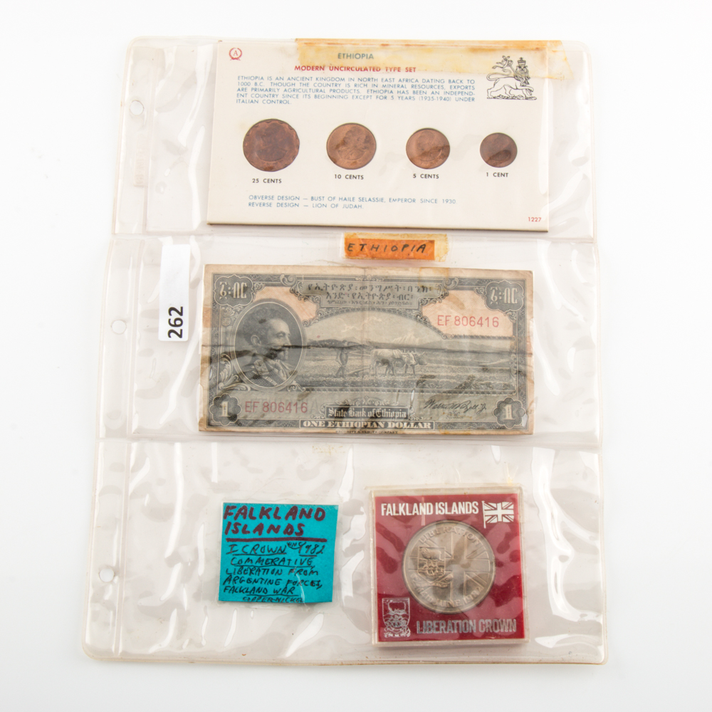 Group of Ethiopian Currency and a 1982 Falkland Islands Liberation Crown